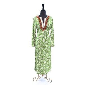 Vtg Soft Surroundings Maxi Dress Kaftan Green White Abstract Pattern Embellished